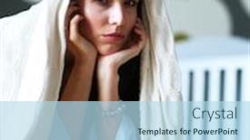  Presentation with childrens - Beautiful presentation design featuring young tired woman sitting on the bed near childrens cot backdrop and a light blue colored foreground