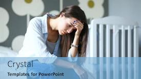  Presentation with mom - Presentation theme enhanced with young tired woman sitting on the bed near children's cot young mom background and a light blue colored foreground