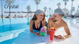  Presentation with infinity - Slide set consisting of young tourist couple on infinity background and a light blue colored foreground