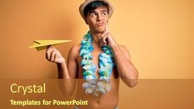  Presentation with hawaiian flowers - Beautiful PPT theme featuring young-tourist-man-on-vacation backdrop and a red colored foreground