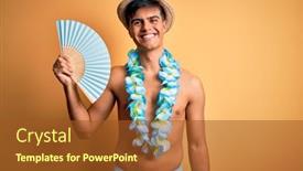  Presentation with hawaiian flowers - Beautiful PPT theme featuring young-tourist-man-on-vacation backdrop and a tawny brown colored foreground