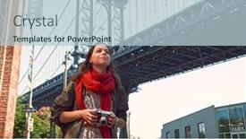  Presentation with brooklyn - PPT theme featuring young tourist on the brooklyn bridge in new york city background and a light blue colored foreground