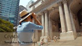  Presentation with new york city - PPT theme with young-tourist-taking-a-photo background and a coral colored foreground