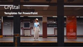  Presentation with new york city subway station - Presentation design having young-tourist-waiting background and a wine colored foreground