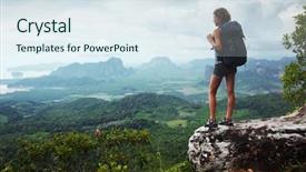  Presentation with backpack - Presentation consisting of young tourist with backpack enjoying valley view from top of a mountain background and a sky blue colored foreground