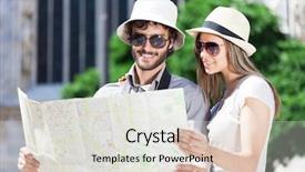  Presentation with faces on a map - PPT theme featuring young tourists reading a map background and a light gray colored foreground