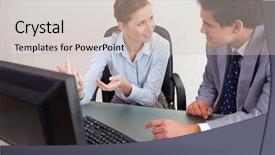  Presentation with trading - Presentation design enhanced with young trading partner sitting behind a desk while talking background and a soft green colored foreground