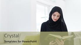  Presentation with feast - PPT theme consisting of young-traditional-muslim-woman-reading background and a mint green colored foreground