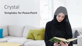  Presentation with quran - Presentation having young-traditional-muslim-woman-reading background and a sky blue colored foreground
