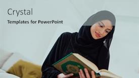  Presentation with quran - Presentation design featuring young-traditional-muslim-woman-reading background and a light gray colored foreground
