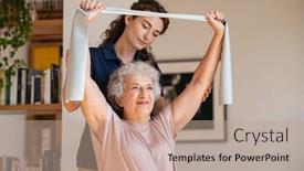  Presentation with senior worker - Beautiful PPT theme featuring young-trainer-helping-senior-woman backdrop and a coral colored foreground