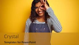  Presentation with transgender - Amazing slide set having young transsexual transgender chef woman wearing apron over isolated yellow background doing ok gesture with hand smiling eye looking through fingers with happy face backdrop and a gold colored foreground