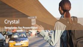  Presentation with e hailing - Amazing slide deck having young traveler hailing a taxi backdrop and a coral colored foreground