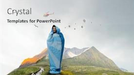  Presentation with traveler - Audience pleasing PPT theme consisting of young-traveler-in-sleeping-bag backdrop and a light gray colored foreground