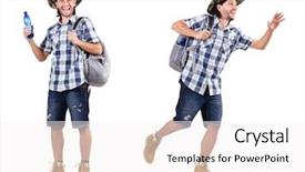  Presentation with traveler - Colorful presentation theme enhanced with young traveler with rucksack isolated backdrop and a white colored foreground
