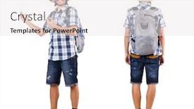  Presentation with traveler - Colorful presentation theme enhanced with young traveler with rucksack isolated on white backdrop and a white colored foreground