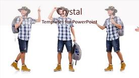  Presentation with blank whiteboard isolated on white - Colorful presentation theme enhanced with young traveler with rucksack isolated backdrop and a sky blue colored foreground