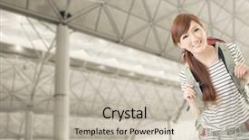  Presentation with traveler - Cool new slide set with young traveler woman smile and look at you at the airport closeup portrait with copyspace backdrop and a soft green colored foreground