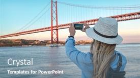  Presentation with traveler - Beautiful theme featuring young-traveler-woman-with-smartphone backdrop and a seafoam green colored foreground