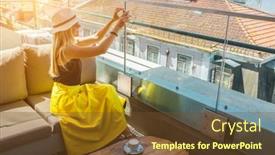  Presentation with travel agency pictures - Slide set enhanced with young-traveler-woman-with-smartphone background and a tawny brown colored foreground