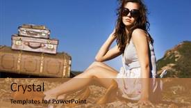  Presentation with rail - Slides featuring young traveling woman with her suitcases along the rail road background and a coral colored foreground