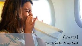  Presentation with vomiting - Amazing PPT theme having young traveller woman sitting inside plane feeling sick headache and nauseas vomiting inside paper bag backdrop and a light blue colored foreground