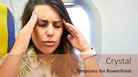  Presentation with headache - Audience pleasing presentation design consisting of young traveller woman sitting inside plane at the airport with sky view from the window feeling sick headache and nauseas backdrop and a coral colored foreground
