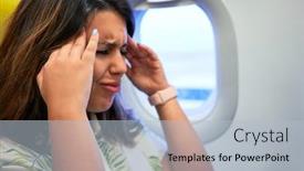  Presentation with headache - Presentation theme consisting of young traveller woman sitting inside plane at the airport with sky view from the window feeling sick headache and nauseas background and a light blue colored foreground