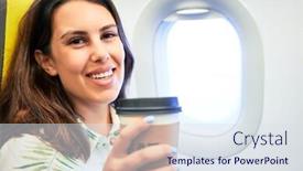  Presentation with traveller coffee - Audience pleasing theme consisting of young-traveller-woman-sitting-inside backdrop and a sky blue colored foreground