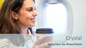  Presentation with traveller coffee - Slide deck featuring young-traveller-woman-sitting-inside background and a sky blue colored foreground