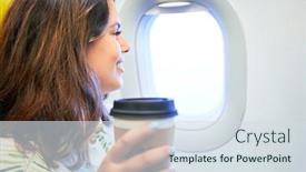  Presentation with traveller coffee - Slides enhanced with young-traveller-woman-sitting-inside background and a sky blue colored foreground