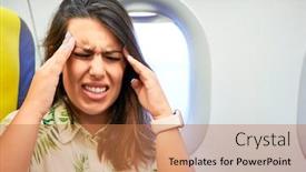  Presentation with headache - PPT layouts with young-traveller-woman-sitting-inside background and a coral colored foreground