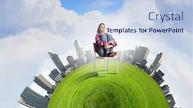  Presentation with green planet - Colorful presentation enhanced with young-troubled-woman-sitting backdrop and a  colored foreground