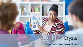  Presentation with college students - Theme having young tutor sitting with report background and a  colored foreground