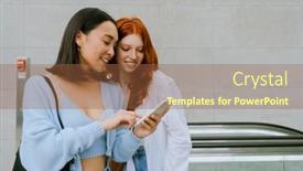  Presentation with women - Presentation theme consisting of young-two-multinational-women-using background and a tawny brown colored foreground