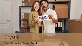  Presentation with young business people - Presentation having young-two-people-holding-black background and a coral colored foreground