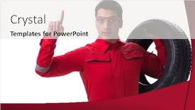  Presentation with tyre - Amazing theme having young tyre repairman in red coveralls isolated on white backgrou backdrop and a white colored foreground