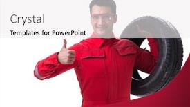  Presentation with tyre - Presentation theme enhanced with carrying tire car service - young tyre repairman in red background and a white colored foreground