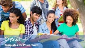  Presentation with college campus - PPT layouts with young university students studying together on college campus background and a teal colored foreground