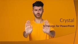  Presentation with stop - Presentation theme featuring young-unshaved-man-showing-stop background and a gold colored foreground