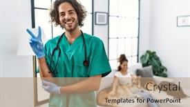  Presentation with victory - Presentation theme enhanced with young-veterinarian-man-checking-dogs background and a coral colored foreground