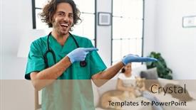  Presentation with dogs - PPT layouts featuring young-veterinarian-man-checking-dogs background and a coral colored foreground