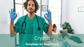  Presentation with meditation - Theme having young-veterinarian-man-checking-dogs background and a ocean colored foreground