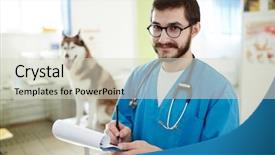  Presentation with prescriptions - PPT layouts featuring young veterinarian writing prescriptions background and a soft green colored foreground