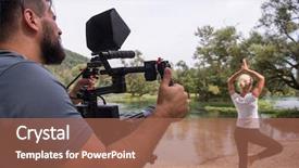  Presentation with nature river - Cool new PPT theme with young videographer with gimball video backdrop and a coral colored foreground