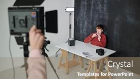  Presentation with video background - Beautiful slide set featuring young-vlogger-in-casualwear-sitting backdrop and a coral colored foreground