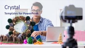  Presentation with video transmission - Presentation consisting of young vlogger recording video doing background and a sky blue colored foreground