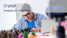  Presentation with recording - PPT theme having young vlogger recording video doing background and a sky blue colored foreground