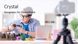  Presentation with recording - Amazing presentation design having young vlogger recording video doing backdrop and a sky blue colored foreground