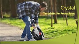  Presentation with volunteer - PPT theme having young volunteer picking up litter background and a tawny brown colored foreground